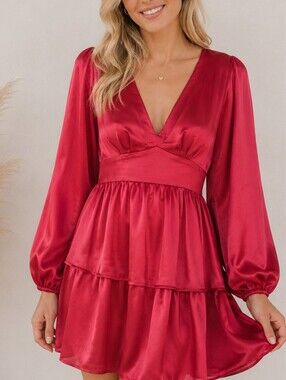 Berry N Cream Red Tiered Babydoll Shimmer Ruffle Tiered Mini Dress Sz M Holiday